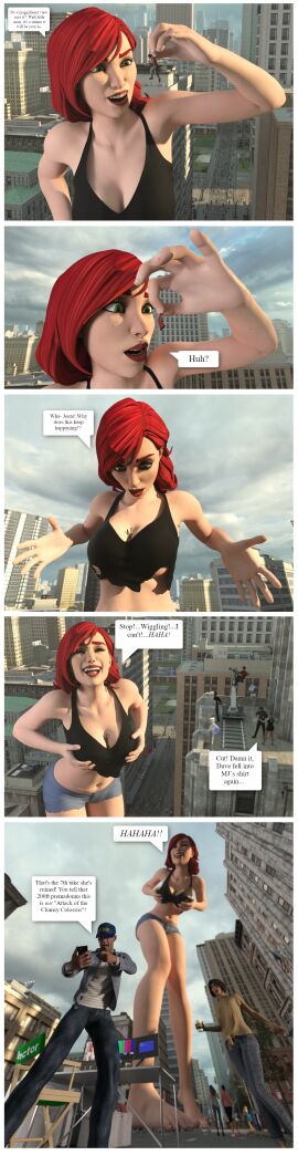 barefoot between_breasts big_breasts breasts female filming giant_female giantess green_eyes light-skinned_female light_skin male marvel marvel_comics mary_jane_watson misterbigred shorts size_difference smaller_female smaller_male spider-man_(series)
