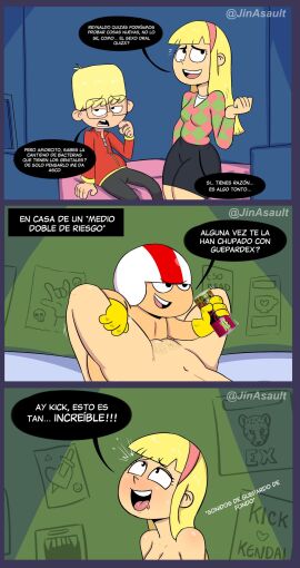 1boy 1girls black_eyes blonde_hair blush blushing cheating cheetah_chug clarence_buttowski cuckold exposed_pussy female imminent_oral imminent_sex jinasault kendall_perkins kick_buttowski looking_pleasured male open_mouth pubic_hair puffy_pussy pussy ronaldo_(kick_buttowski) satisfied satisfied_smile shiny_skin shorter_male skirt spanish_text taller_female