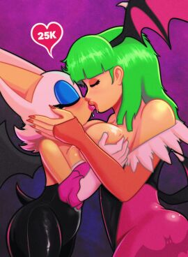 2girls bat_wings big_breasts breasts capcom crossover darkstalkers female grabbing_another's_breast green_hair holding_head huge_breasts kissing light-skinned_female light_skin lipstick morrigan_aensland roboticsteve rouge_the_bat sonic_(series) sonic_the_hedgehog_(series) wet_kiss white_fur yuri