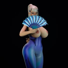 1girls 3d 3d_render big_breasts big_thighs blue_legwear breasts exposed_breasts female fortnite fortnite:_battle_royale hand_behind_back hand_fan looking_at_viewer mizuki_(fortnite) wet_skin white_hair