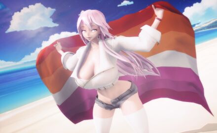 3d 3d_(artwork) anya_jackal beach big_breasts breasts clothed female large_breasts lesbian lesbian_flag lesbian_pride_colors lesbian_pride_flag megurine_luka mmd neon_pink_hair pink_hair pride_month tagme vocaloid waving_flag wholesome yuri