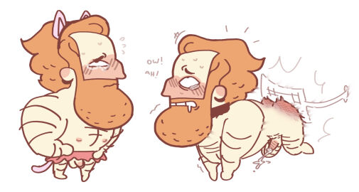 all_fours ashamed bara baron_(storyteller) beard blush cartoony cat_ears cat_tail collar crying drooling embarrassed embarrassed_nude_male fanart gay ginger hurt_expression male paddle penis simple_background sissy skirt small_penis spanked_butt spanking storyteller_(game) sweating video_games white_background yaoi