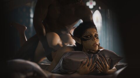 3d baldur's_gate_3 dark-skinned_male dark_skin doggy_style dungeons_and_dragons faceless_male female forgotten_realms from_behind gith githyanki interracial interspecies lae'zel looking_at_viewer male nude nude_female nynx on_bed pillow pillow_grab tagme unseen_male_face
