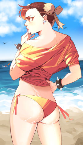 ass back beach bikini bikini_bottom_only black_nails blue_sky blush bracelet breasts brown_eyes brown_hair bun_cover chun-li clothing cloud cloudy_sky crab day double_bun earrings female female_only from_behind hair_bun hand_on_hip jewelry jobin_chan lips looking_at_viewer looking_back nail_polish no_pants ocean off-shoulder_shirt off_shoulder outdoors shirt short_hair short_sleeves side-tie_bikini side-tie_bikini_bottom sky solo spiked_bracelet spikes street_fighter swimsuit thick_thighs thighs tied_hair water yellow_bikini yellow_swimsuit