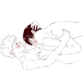 2boys bite_mark black_hair blue_eyes blush bruise digital_media_(artwork) foreplay gay hand_in_hair hickey hikaru_ga_shinda_natsu hikaru_indou human humanoid lying_on_back male moles naked naked_male nipples pinching_nipples red_eyes scar sucking_nipples the_summer_hikaru_died white_hair yaoi yoshiki_tsujinaka