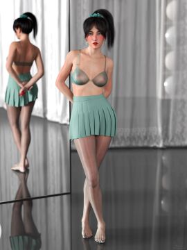 1girls 2024 3d black_hair blush breasts clothed clothing depth_of_field earrings female female_only flapsky front_view lipstick looking_at_viewer medium_breasts mirror original_character original_characters pantyhose rebecca_(flapsky) red_hair red_lipstick round_glasses see-through see-through_bra see-through_clothing skirt small_breasts solo solo_female sophie_(flapsky) standing teal_skirt