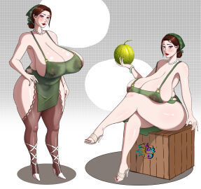 1girls apron areola_slip areolae armwear bandana bare_legs big_breasts blue_eyes bracelet breasts brown_hair cleavage crate eyeshadow female female_only footwear fruit full_body green_apron hair hair_bun hand_on_hip headwear heels high_heels hips holding_fruit huge_breasts large_breasts leggings legs legs_crossed legwear lips lipstick mature mature_female milf nail_polish nails necklace neckwear nipple_bulge nipples_visible_through_clothing original original_character pearl_necklace red_lips red_lipstick red_nail_polish red_nails solo solo_female staa_(pixiv) thighs toenail_polish watermelon