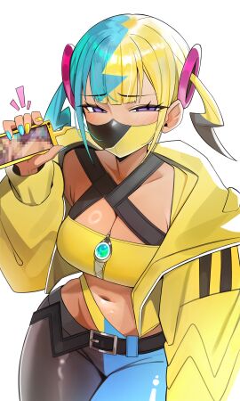 1girls absurdres ass bandeau belt black_belt black_mask black_pants blonde_hair blue_hair blue_nails blue_pants blush breasts canari_(pokemon) censored center-flap_bangs collarbone criss-cross_halter game_freak gen_4_pokemon hair_ornament halterneck highres holding holding_phone jacket kiritzugu mask mega_stone midriff mosaic_censoring mouth_mask multicolored_hair navel nintendo pants phone pokemon pokemon_legends:_z-a purple_eyes rotom rotom_phone short_twintails squinting twintails two-tone_hair two-tone_mask white_background yellow_bandeau yellow_jacket yellow_mask yellow_nails zipper_pull_tab