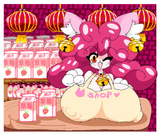 anthro apron bell bell_collar big_breasts breasts clothed clothing collar curled_hair domestic_cat fan_character felid feline felis female female_anthro flavored_milk hair hi_res huge_breasts hyper hyper_breasts kid_isabey_(rogywantscoffee) male male_(lore) mall mammal milk nipple_outline pawpads paws red_hair rogywantscoffee sexyvampireloverrogy smile solo store strawberry_milk whiskers yellow_eyes