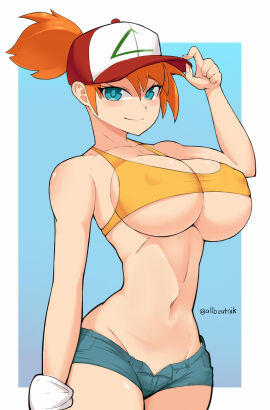 1girls allbeatnik baseball_cap big_breasts blue_shorts booty_shorts bottomwear breasts cleavage clothing crop_top female female_only game_freak hair hat headwear huge_breasts kasumi_(pokemon) orange_hair pokemon pokemon_rgby short_shorts shorts solo solo_female tied_hair topwear yellow_crop_top