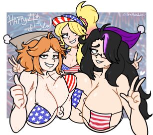 3girls american_flag american_flag_bikini arrogant big_breasts black_hair blonde_hair blush boob_squish breasts breasts_squeezed_together brown_eyes cassandra_(silenttandem) double_peace_sign dyed_hair female fireworks flat_chest fourth_of_july freckles freckles_on_breasts freckles_on_face freckles_on_shoulders glasses goth goth_girl green_eyes hat hotori_(silenttandem) huge_breasts kayla_(silenttandem) long_hair looking_at_viewer orange_hair patriotic_clothing peace_sign piercings red_hair scrunchie short_hair silenttandem small_breasts smiling smiling_at_viewer thumbs_up usa_bikini visor visor_cap