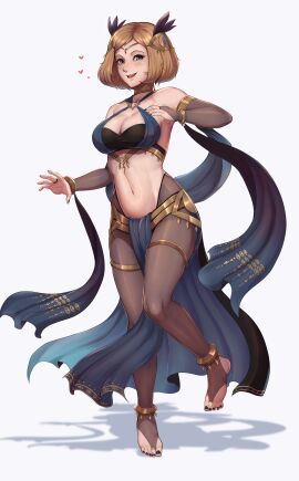 1girls absurdres alternate_costume barefoot black_nails blue_eyes blue_ribbon breasts brown_hair cleavage cosplay dancer dorothea_arnault_(plegian)_(cosplay) evomanaphy eyelashes eyes_of_grima feather_hair_ornament feathers female fire_emblem fire_emblem_heroes freckles full_body gold_bracelet gold_necklace gold_trim hair_ornament highres jewelry kiran_(fire_emblem) kiran_(fire_emblem)_(female) large_breasts looking_at_viewer medium_hair nail_polish navel necklace nintendo pantyhose plegian ribbon simple_background smile toenail_polish toenails