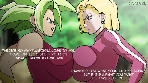 16:9 2d 2d_animation 2girls android_18 animated animated_gif animated_image big_breasts blonde_hair blue_eyes breast_press breast_to_breast breasts chest_to_chest dialogue dragon_ball dragon_ball_super earrings female female_only female_saiyan gif green_hair huge_breasts kefla large_breasts milf multiple_females multiple_girls potara_earrings saiyan solodusk57 source_request super_saiyan text