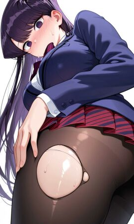 1girls ass back_view bangs big_breasts black_hair blue_jacket blush breasts brown_pantyhose female from_behind from_below komi-san_wa_komyushou_desu komi_shouko long_hair panties pantyhose school_uniform see-through tagme thick_thighs torn_clothes torn_pantyhose