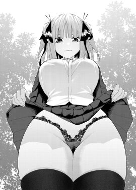 absurdres black_thighhighs breasts cameltoe closed_mouth clothes_lift female go-toubun_no_hanayome greyscale hair_ribbon highleg highleg_panties highres kosmos_beta large_breasts lifting_own_clothes looking_at_viewer monochrome nakano_nino panties pussy ribbon shirt skirt skirt_lift solo thighhighs thighs two_side_up underwear