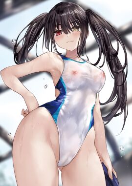 2d 2d_(artwork) asle black_hair breasts date_a_live female heterochromia light-skinned_female light_skin looking_at_viewer looking_down nipples_visible_through_clothing pussy pussy_visible_through_clothes red_eyes solo solo_female solo_focus swimsuit thighs tokisaki_kurumi twintails