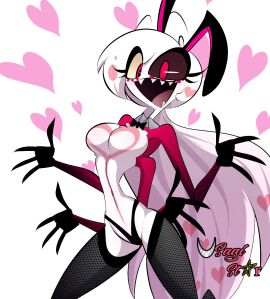 angel_dust angel_dust_(hazbin_hotel) big_breasts bowtie breasts bunny_ears female female_angel_dust female_only fishnets hazbin_hotel rule_63 tied_hair usagi_star