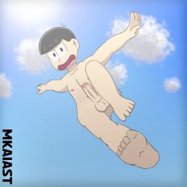 balls blurry_background erection feet foreskin genitals low-angle_view male male_only matsuno_jyushimatsu mid-air_suspension mkaiast naked nipples nude osomatsu-san outdoors penis pose posing posing_nude skinny sky toony uncircumcised uncut yaoi