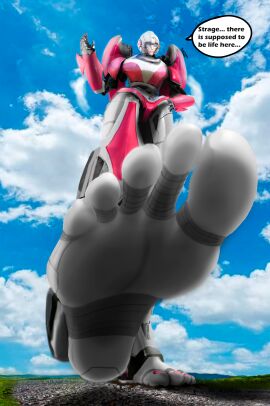 1girls 3d arcee arcee_(rotb) barefoot building english_text feet female female_only foot_fetish foot_focus giant_robot giantess jamesstormet machine machine_girl painted_toenails robot robot_girl soles solo speech_bubble transformer transformers transformers_rise_of_the_beasts unaware