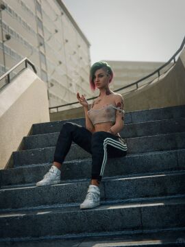 1girls 2024 3d ankle_tattoo areolae areolae_visible_through_clothing arm_tattoo black_nail_polish breasts breasts_visible_through_clothing brown_eyes buildings cat_eyeliner chest_tattoo cigarette_smoke crop_top cyberpunk_2077 dyed_hair earrings eyeshadow female female_only finger_tattoo fit fit_female full_body functionally_topless green_and_purple_hair greengiant3d hand_between_legs high_top_sneakers high_tops holding_cigarette hoop_earrings judy_alvarez legs_apart lipstick looking_at_viewer medium_breasts mesh_top mismatched_eyebrows nail_polish neck_tattoo nipples nipples_visible_through_clothing outdoors painted_nails plump_lips see-through see-through_clothing see-through_tank_top shaved_side short_hair shoulder_tattoo side_tattoo sitting sitting_on_stairs slav smiling smoking sneakers solo straps_down tank_top tattoos_everywhere trackpants tracksuit white_sneakers