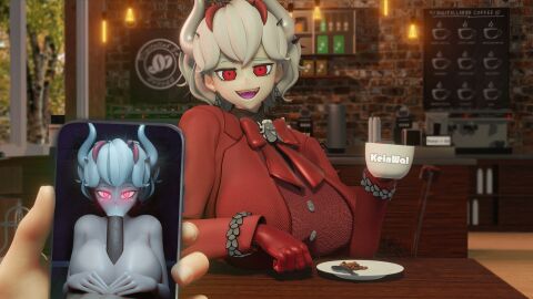 1boy 2girls 3d 3d_model 3d_render alternate_breast_size beelzebub_(helltaker) blowjob blowjob_face breasts bysamzan clothed clothing coffee coffee_cup coffee_shop cup demon demon_girl demon_horns demon_tail fangs female helltaker helltaker_(character) juxtaposition kein_wal male paizuri penis picture picture_frame pov pov_eye_contact smile tagme telephone
