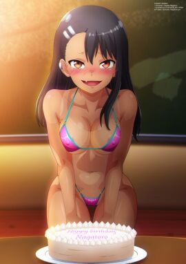 areolae_peeking bikini birthday birthday_cake black-haired_female black_hair blush breasts brown_eyes cake cleavage collarbone desk detailed_background ear_piercing fang female female_focus female_only hairclip hands_on_thighs hayase_nagatoro looking_at_viewer medium_breasts nipple_bulge pink_bikini plate please_don't_bully_me nagatoro sitting smiling_at_viewer tan tan-skinned_female tanned thick_thighs zel-sama
