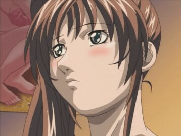00s 2003 animated bible_black blush brown_hair embarrassed female green_eyes hair_ornament imari_kurumi lowres open_mouth ponytail shy side_ponytail smile tagme