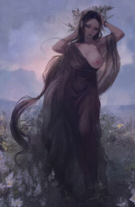 1girls areolae black_dress black_hair black_lipstick blue_eyes breasts erect_nipples female flower_crown flowers light-skinned_female light_skin long_hair natthelich nipples one_breast_out original pandora_(natthelich) pink_nipples solo tagme thick_thighs wide_hips