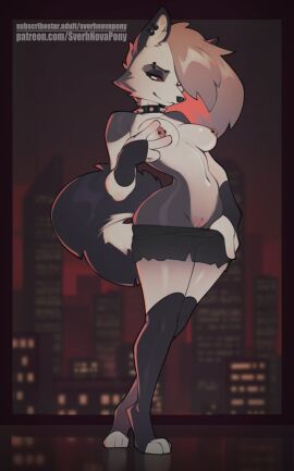 2024 anthro areola black_and_white_fur bottomwear breasts canid canid_demon canine cheek_tuft city city_background cityscape clothing clothing_pull demon digital_drawing_(artwork) digital_media_(artwork) ear_piercing facial_tuft female fingerless_gloves fluffy fluffy_tail footwear genitals gloves hair handwear hellhound helluva_boss inner_ear_fluff knee_highs knee_socks legwear lidded_eyes long_hair long_tail loona_(helluva_boss) mammal medium_breasts multicolored_body mythological_canine mythological_creature mythology nipple_piercing nipples piercing pussy skirt socks solo solo_focus sverhnovapony tagme tail tuft two-tone_body watermark