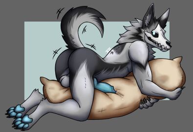 ace_of_spades animal_genitalia animal_penis anterior_nasal_aperture anthro balls barbatosxiii blue_pawpads blue_penis bodily_fluids body_pillow bone canid canine canine_genitalia canine_penis claws digitigrade fur genital_fluids genitals glowing glowing_eyes grinding hi_res hug hugging_object hugging_pillow knot leaking_precum male mammal masturbation multicolored_body multicolored_fur pawpads paws penis pillow pillow_humping precum raised_tail sharp_teeth skull skull_head skulldog_(species) solo tail teeth trans_man transmasc xiii_(barbatosxiii)