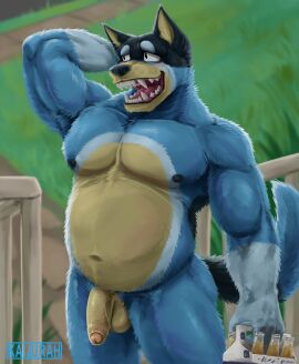 2025 anthro australian_cattle_dog balls bandit_heeler bara beer_bottle belly biceps black_nipples blue_body bluey_(series) blush body_hair bottle canid canine canis cattledog chest_hair chest_tuft container deltoids domestic_dog fangs fence flaccid forearm_muscles foreskin front_view genitals hairy hand_behind_head herding_dog hi_res humanoid_genitalia humanoid_penis kaijurah lawn looking_aside male mammal masculine_male musclegut muscles muscular muscular_arms muscular_legs muscular_thighs navel nipples nude open_mouth outside pastoral_dog pecs penis pubes slightly_chubby smile solo standing teeth triceps tuft uncircumcised vein veiny_penis yaoi