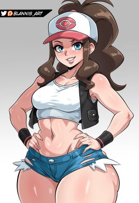 1girls absurd_res baseball_cap black_vest blannis_art blue_eyes booty_shorts breasts brown_hair daisy_dukes denim denim_shorts female female_only game_freak hands_on_hips hi_res hilda_(pokemon) large_breasts light-skinned_female light_skin long_hair midriff midriff_baring_shirt navel nintendo pale-skinned_female pale_skin pink_nails poke_ball_logo pokemon ponytail short_shorts shorts solo tank_top teenage_female teenager thick_thighs vest white_topwear wide_hips