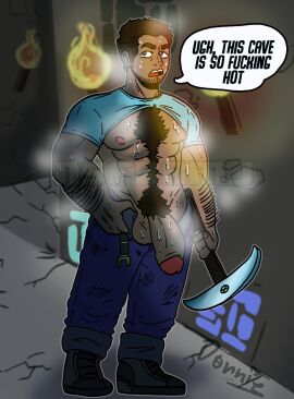 1boy abs artist_name balls ballsack bara beard belt big_penis blue_shirt body_hair brown_eyes brown_hair cave donnie_(artist) facial_hair flaccid flaccid_penis foreskin half-erect happy_trail human jeans male male_only male_pubic_hair masculine_male mature_male minecraft muscles muscular muscular_male open_pants pants_open partially_retracted_foreskin pecs penis penis_out pickaxe pubic_hair purple_eyes retracted_foreskin scrotum shirt_up smooth_penis solo speech_bubble steve_(minecraft) stinky_steve sweatdrop sweating sweaty testicles uncircumcised uncut yaoi