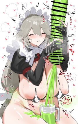 absurdres alexandrina_sebastiane animal_penis animal_print areola_slip bar_censor bikini blush bottomless breasts censored closed_eyes closed_eyes_smile covered_nipples cow_print cowboy_shot cum cum_in_container cum_in_cup ejaculation elbow_gloves ethereal_(zenless_zone_zero) eyelashes female gloves green_cum grey_hair hair_between_eyes handjob heart highres horn/wood horse_penis huge_breasts huge_cock juliet_sleeves large_areolae long_hair long_sleeves low_ponytail maid_headdress male micro_bikini milking_handjob monster navel partially_fingerless_gloves penis ponytail puffy_sleeves simple_background sitting smile solo sound_effects swimsuit thick_thighs thighs veins veiny_penis very_long_hair white_background zenless_zone_zero zoophilia