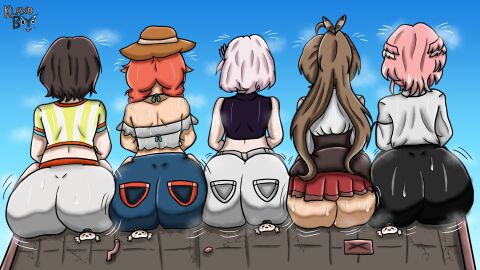 5girls ass back_view big_ass big_butt black_hair braided_hair brown_hair building fan_mascot_(vtuber) female giant_ass giantess hololive hololive_english hololive_english_-council- hololive_english_-promise- hololive_gen_2 hololive_indonesia hololive_indonesia_holoro hololive_japan hololive_myth holotori holox kfp_employee_(takanashi_kiara) klaxoboyo logo massive_ass massive_butt nanashi_mumei oozora_subaru orange_hair pavolia_reine pink_hair ponytail short_hair sitting sitting_down sitting_on_person sky squishy_butt steam steamy_ass sweat sweaty_ass sweaty_butt takanashi_kiara takane_lui thick_ass thick_thighs tomboy virtual_youtuber vtuber watermark white_hair