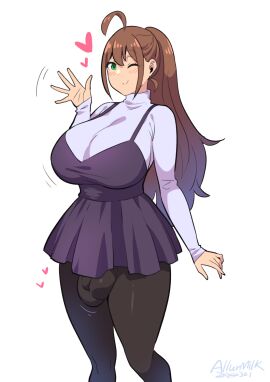 1futa ahoge allurmilk balls big_balls breasts brown_hair bulge clothed clothing flaccid fully_clothed futa_only futanari green_eyes horny huge_breasts human intersex kamiya_midori light-skinned_futa light_skin long_hair original original_character pantyhose penis ponytail simple_background solo standing thick_thighs tights wide_hips zheng