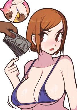 1boy 1girls ass ass_focus back_view big_breasts bikini bikini_bottom bikini_top blue_bikini blue_bikini_bottom blue_bikini_top blue_underwear blush breasts brown_eyes brown_hair dark-skinned_male dark_skin eyelashes female holding_object interracial jeffmiga jujutsu_kaisen kugisaki_nobara male money partial_male prostitution short_hair sweat sweatdrop swimsuit underwear white_background