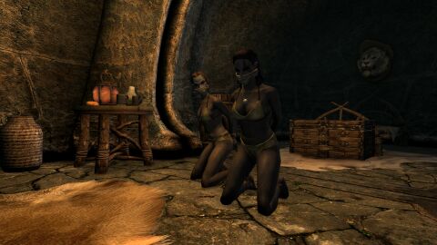 2girls 3d arms_behind_back bondage cloth_gag dark_elf dunmer dunmerirogue elf female gag gagged kneeling skyrim the_elder_scrolls underwear