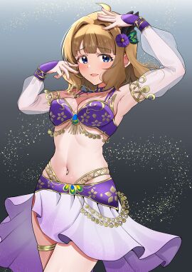 1girls armpits belly_dancer belly_dancer_outfit blonde_hair blue_eyes blush cleavage detached_sleeves hair_ornament harem_girl harem_outfit idolmaster idolmaster_million_live! large_breasts necklace suou_momoko tanukiinu005 tokoro_megumi