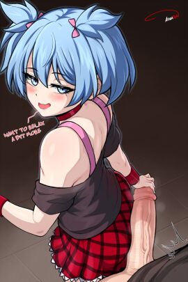 2boys :d absurdres aldharoku ansatsu_kyoushitsu artist_name bare_shoulders black_shirt blue_eyes blue_hair blush bow crossdressing english_text femboy gay hairbow highres looking_back male_focus miniskirt multiple_boys official_alternate_costume penis pink_bow red_skirt shiota_nagisa shirt short_hair skirt smile trap twintails veins veiny_penis yaoi