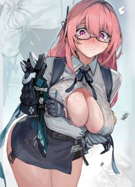 1girls armor artist_name black_gloves black_skirt blush breasts button_gap clenched_teeth commentary_request dress_shirt earrings embarrassed female glasses gloves jewelry large_breasts long_hair looking_at_viewer paid_reward_available partially_unbuttoned pencil_skirt pink_eyes pink_hair ring_hair_ornament shirt shoulder_armor skirt solo standing sweatdrop teeth thighs towatowa114 tsukishiro_yanagi variant_set white_shirt zenless_zone_zero