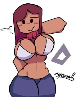 1girls 2d 2d_(artwork) blocky_arms blue_pants blush bra breasts brown_hair exposed_midriff female female_only long_hair looking_at_viewer meperz original_character red_turtleneck roblox robloxian signature simple_background smiling string_bra sweater_lift tan_skin thick_thighs thighs topwear_lift turtleneck watermark white_background white_bra