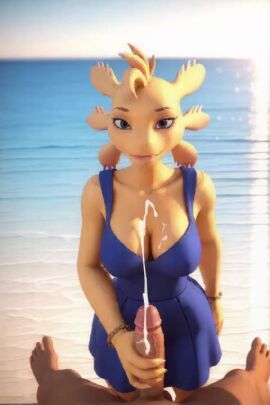 1boy 1boy1girl 1girls ai_generated axol_(smg4) axolotl_humanoid bracelet breasts cum day dress ejaculation erection female handjob jewelry lips looking_at_viewer male ocean outdoors parted_lips penis pov projectile_cum smg4 solo_focus straight tagme veins video water