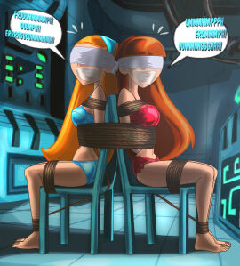 2girls barefoot blindfold blue_eyes bondage bra cloth_gag danny_phantom erikson1 feet female gag gagged handband jazz_fenton nickelodeon no_nudity original_character panties pointy_chin ponytail red_lipstick rope rope_bondage stuff_gag stuffed_mouth_gag tied tied_to_chair tied_up underwear