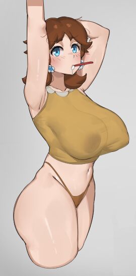 alternate_breast_size armpits arms_up blue_eyes breasts brown_hair dr_octojuice elijahzx female from_behind from_side hourglass huge_ass huge_breasts jewelry long_hair looking_at_viewer mario_(series) messy_hair midriff narrow_waist navel nintendo princess princess_daisy see-through_clothes short_hair sleeveless super_mario_land thick_thighs thighs toothbrush