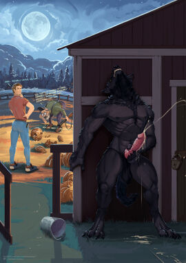 2024 4_toes 5_fingers abs absurd_res animal_genitalia animal_penis anthro arm_tuft artist_name athletic athletic_human athletic_male balls balls_tuft baseball_cap beard behind_building belt bent_over big_chest big_muscles big_penis black_body black_claws black_fur black_lips black_nipples black_nose bodily_fluids body_hair boots bottomwear broad_shoulders brown_hair bucket canid canine canine_genitalia canine_penis chest_tuft claws clenched_teeth clothing cloud container cum cum_drip cum_dripping_from_penis cum_on_ground cum_on_hand cum_on_penis cumshot denim denim_bottomwear denim_clothing detailed dialogue digitigrade dripping ears_down ejaculation elbow_tuft english_text erection eyewear facial_hair farm feet fence finger_claws fingers fluffy fluffy_tail food footwear fruit full_moon fur gate genital_fluids genitals glasses grass grey_hair group gun hair halloween hand_on_building hand_on_chin hand_on_hip hand_on_penis happy_trail hat head_back headgear headwear hi_res hiding holding_gun holding_object holding_ranged_weapon holding_shotgun holding_weapon holidays human hunched_over investigating jeans knot knot_grab light lips lock looking_back male male_only mammal mane masturbation moon moonlight mountain muscles muscular muscular_anthro muscular_male mythological_canine mythological_creature mythology narrowed_eyes neck_tuft night nipples nude october open_gate open_mouth orgasm orgasm_face outside pants parted_lips paws pecs penile penile_masturbation penis penis_grab pink_penis pivoted_ears plant public public_masturbation pumpkin pumpkin_fucking pumpkin_patch quads ranged_weapon saggy_balls satanic_monkey serratus shaded shed shirt shoes shotgun smaller_version_at_source solo_focus standing suspenders suspicious tail teeth text toe_claws toes topwear tree trio tuft url vein veiny_penis weapon were werecanid werecanine werewolf yellow_eyes