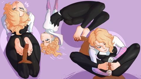 1boy 1girls 2d 2d_(artwork) ass bard-bot blonde_hair bubble_ass bubble_butt canon_couple cheeky_smile color costume couple curvy_female dark-skinned_male dark_skin eyebrow_piercing feet_on_penis female footjob gwen_stacy gwen_stacy_(spider-verse) illustration light-skinned_female light_skin male marvel marvel_comics miles_morales multiple_positions penis romantic_couple shaved_side spider-gwen spider-man:_across_the_spider-verse spider-man:_into_the_spider-verse spider-man_(series) superhero superhero_costume superheroine tongue tongue_out two-tone_hair