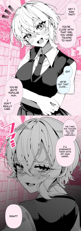 1girls a_boyish_girlfriend_in_high_humidity blush clothed dialogue english_text fangs female female_focus jealous jealous_female jealousy manga open_mouth original original_character ouchi_kaeru pink_background school_uniform schoolgirl schoolgirl_uniform short_hair skirt solo solo_focus sweat tie tomboy translated