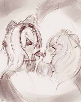 2girls animal_ear_fluff animal_ears antenna_hair black_and_white blush eyebrows_visible_through_hair face_markings female filian filian_(vtuber) fox_ears greyscale hair_between_eyes hair_ornament indie_virtual_youtuber kiss kissing long_hair monochrome multiple_females multiple_girls rkgk saliva saliva_trail signature squchan_(vtuber) tentacle tongue tongue_out virtual_youtuber vyugen yuri