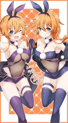 2d 2d_(artwork) 2girls belly_button big_breasts breasts bunny_ears cleavage date_a_live exposed_torso female gloves japanese_text light-skinned_female light_skin long_gloves long_hair long_socks medium_breasts orange_hair short_hair skirt smile socks thighs twins yamai_kaguya yamai_yuzuru